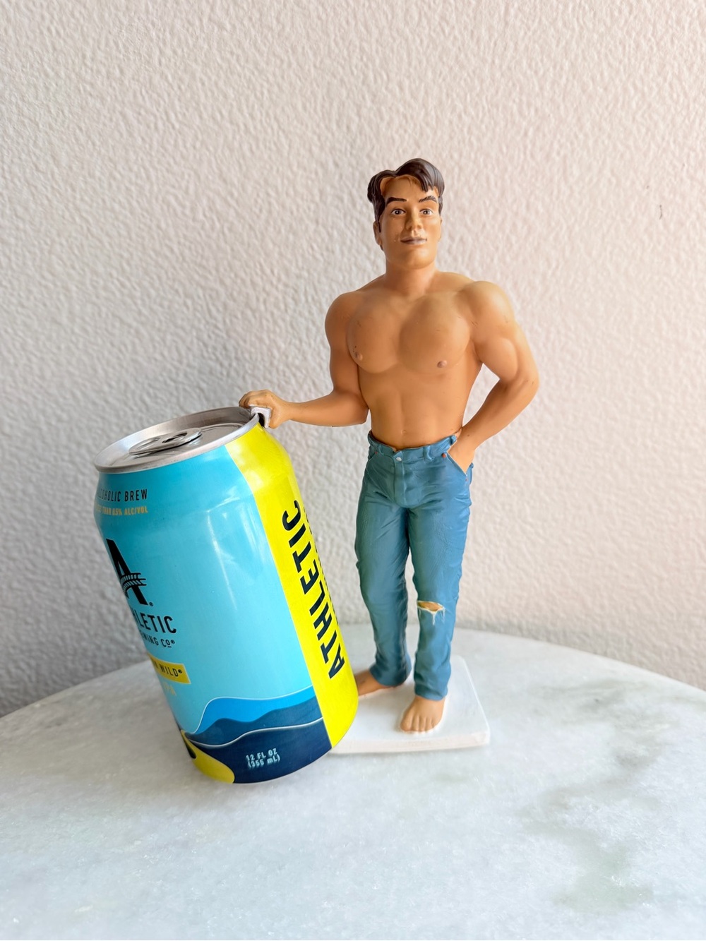 Vintage Bottoms Up R. Demars Ganz Shirtless Male in Jeans Soda Beer Can Holder